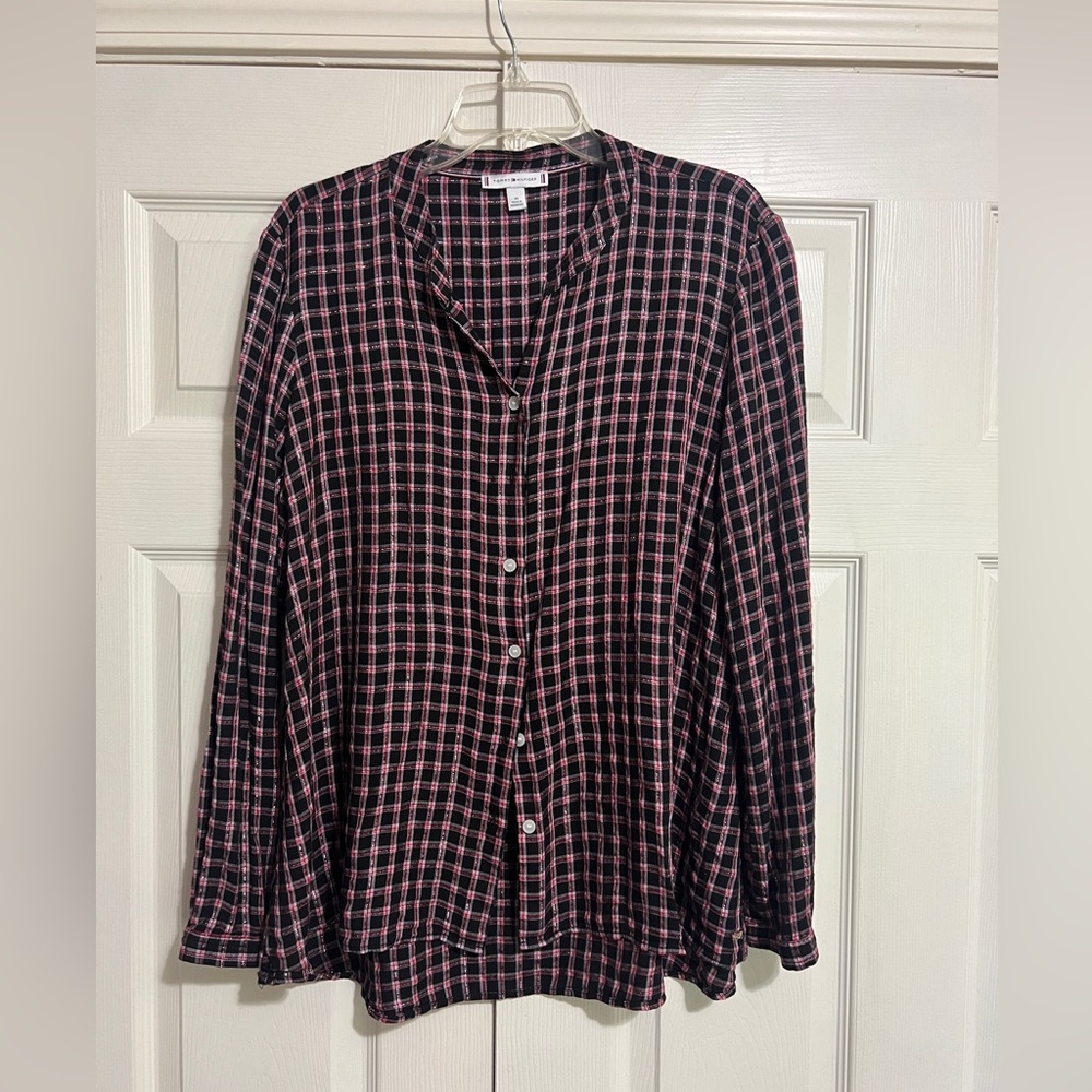 Vintage Tommy Hilfiger Long Sleeve Plaid Top with Silver Metallic Thread